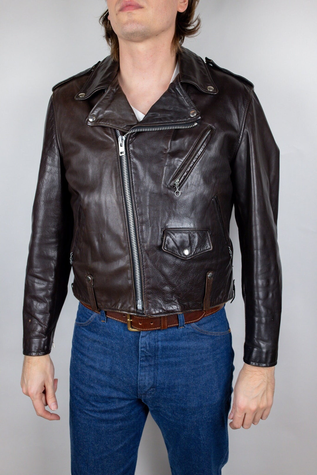 Vintage 1 de 1 personalizado marron chocolate oscuro Schott Perfecto 125 chaqueta de cuero de encaje lateral Sherpa forrado tamano 46 Etsy Mexico