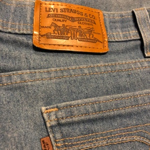 Vintage 70s Levi's 43415-4514 Brown Tab Straight Fit Medium Wash Soft Polyester Blend Jeans 36 x 32 Made in USA Levis image 4