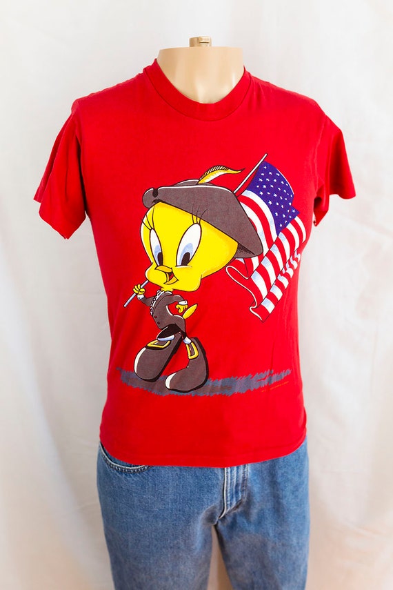 Vintage 90s Looney Tunes Tweety Bird Pilgrim Patriotic Thanksgiving T-Shirt  Size S M
