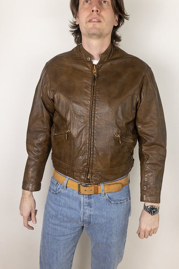 antique - VTG des années 90 noir veste moto en cuir café racer par taille de mens Vetter 42