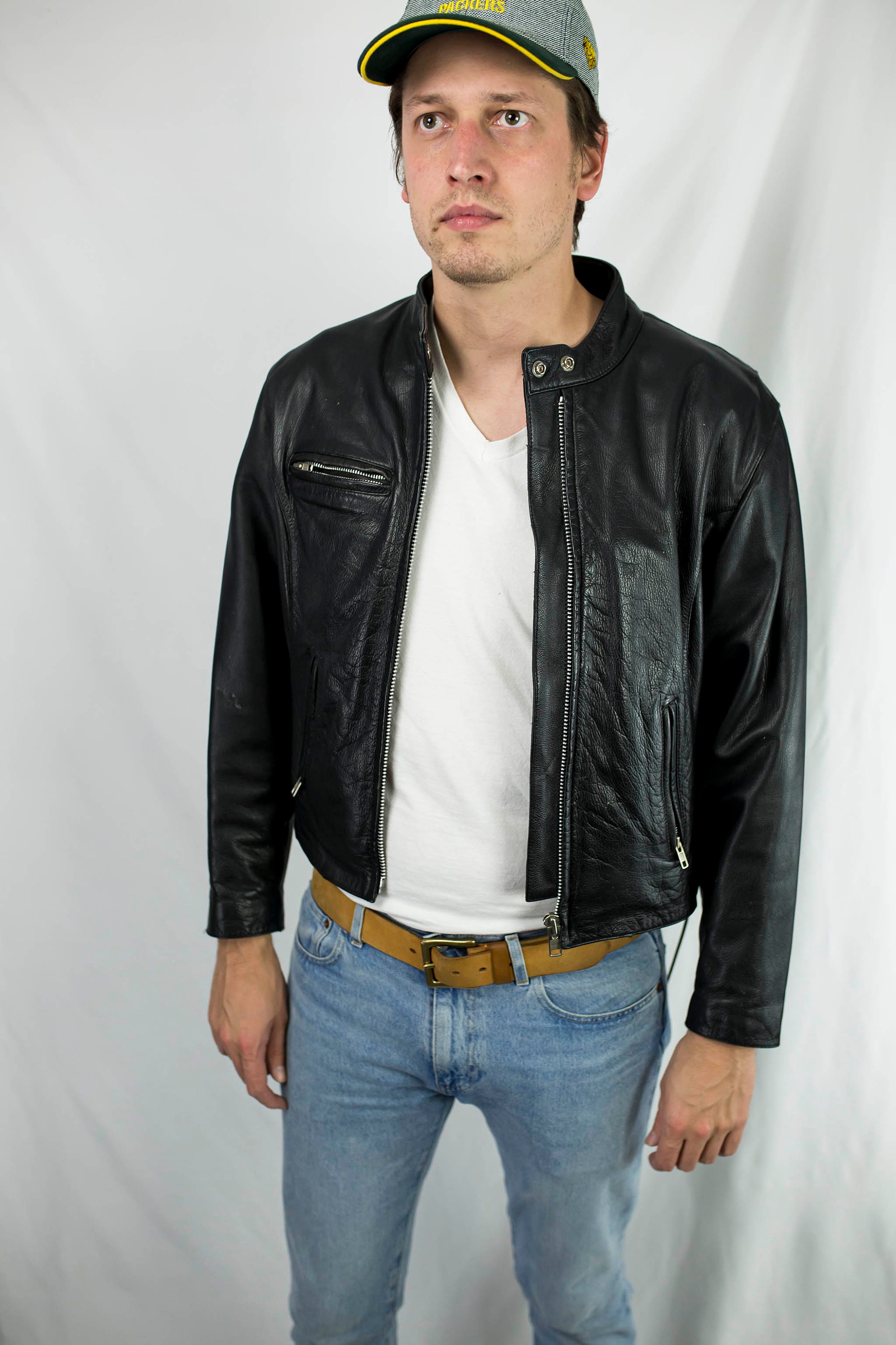 Vintage 90s Wilson's Leather Side Lace Cafe Racer Cropped Motorcycle Jacket Size L