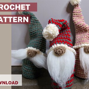 May include: Three crocheted gnomes with different colored hats. The gnome on the left has a green and brown hat, the gnome in the middle has a red and green hat with a white pom-pom, and the gnome on the right has a pink and white hat. CROCHET PATTERN PDF DOWNLOAD is written on the image.