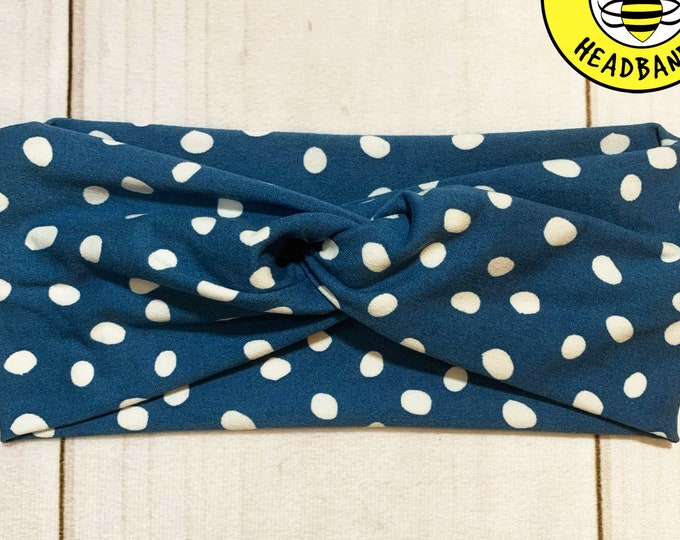 BLUE WHITE DOT Headband, Top Knot Headband, Twisted Headband, Turban Headband, Wide Headband, Button Headband