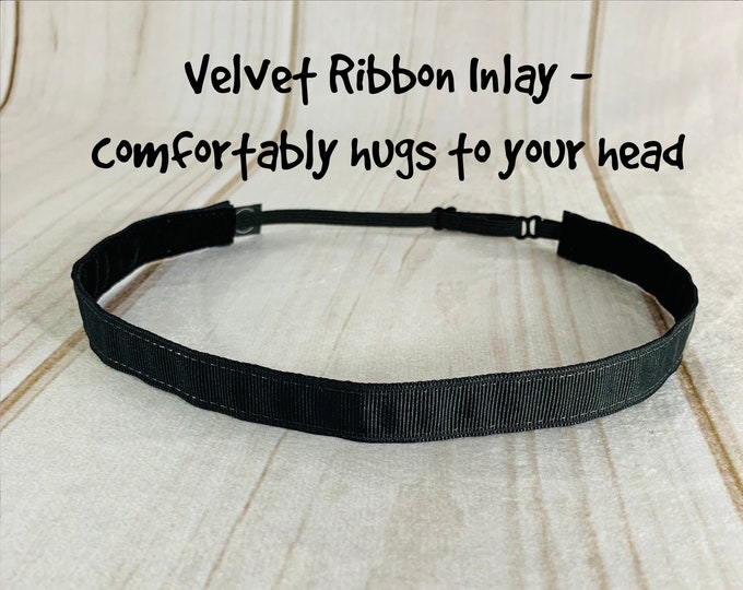 5/8" SOLID BLACK Headband / Plain Wide Workout Headband / Adjustable Nonslip Headband / Button Headband Option by Busy Bee