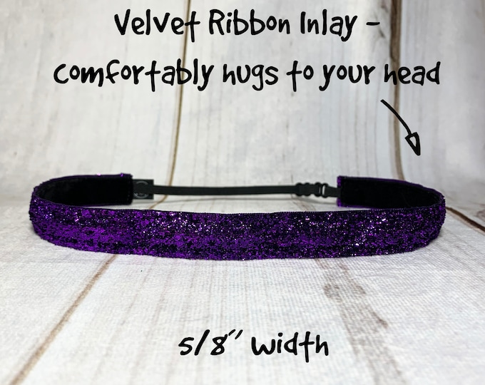 5/8" PURPLE SPARKLE Headband / Glitter Headband / Adjustable Nonslip Headband / Button Headband Option by Busy Bee Headbands