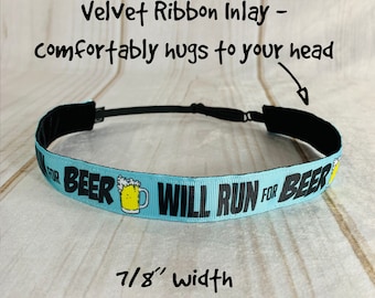 7/8" Will RUN FOR BEER Headband / Race Day Headband / Adjustable Nonslip Headband / Button Headband Option by Busy Bee Headbands