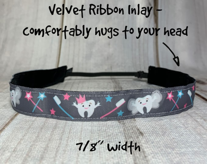 7/8" HAPPY TEETH Headband / Dentist Headband / Hygienist Headband / Orthodontist Headband / Adjustable Nonslip Headband / Button Option