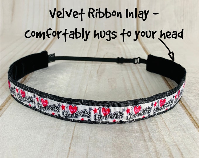 7/8" I LOVE GYMNASTICS Headband / GYMNAST Headband / Adjustable Nonslip Headband / Button Headband Option by Busy Bee Headbands