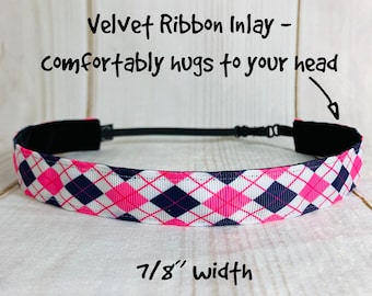 7/8" NAVY & PINK ARGYLE Headband / Adjustable Camouflage Headband / Preppy Headband / Button Headband Option by Busy Bee Headbands
