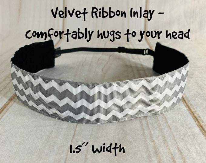 1.5" GRAY CHEVRON Headband, Adjustable Nonslip Headband, Fitness Headband, Running Headband, Wide Headband, Button Headband Option