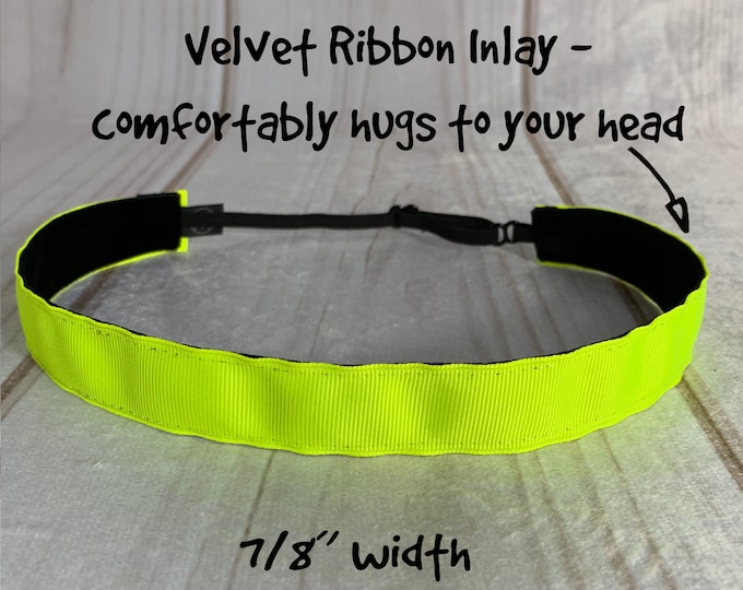 7/8" YELLOW NEON Headband / Fitness Running Workout Headband / Adjustable Nonslip Headband / Button Headband Option by Busy Bee Headbands