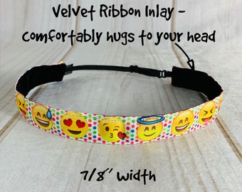 7/8" EMOJI Headband / Gift for Tween / Adjustable Nonslip Workout Headband / Button Headband Option by Busy Bee Headbands