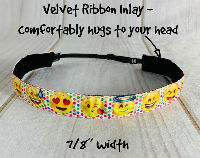 7/8" EMOJI Headband / Gift for Tween / Adjustable Nonslip Workout Headband / Button Headband Option by Busy Bee Headbands