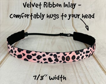 7/8" PINK CHEETAH Headband / Leopard Headband / Adjustable Nonslip Headband / Button Headband Option by Busy Bee Headbands