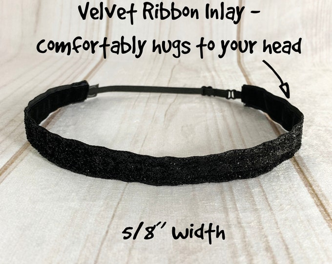 3/8" or 5/8" BLACK SPARKLE Headband / Shiny Glitter Headband / Adjustable Nonslip Headband / Button Headband Option by Busy Bee Headbands