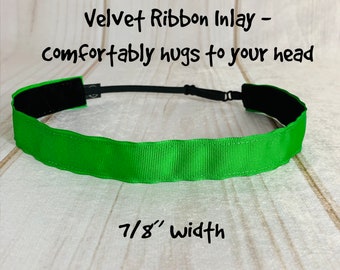 7/8" SOLID GREEN Headband / Adjustable Nonslip Headband / Button Headband Option by Busy Bee Headbands