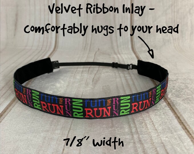 7/8" RUN Headband / Workout Fitness Runners Headband / Adjustable Nonslip Headband / Button Headband Option by Busy Bee Headbands