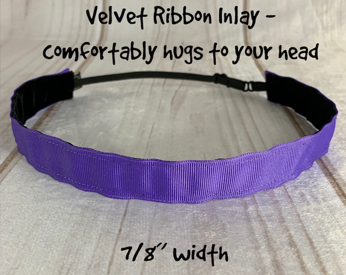 7/8" PURPLE Headband / PANSY Deep Purple PERIWINKLE / Workout Running Fitness / Adjustable Nonslip / Button Headband Option by Busy Bee