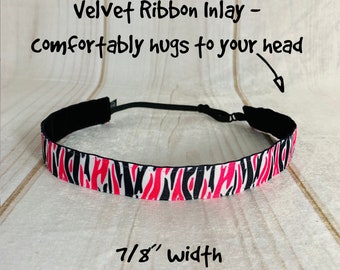 7/8" PINK ZEBRA Headband / Adjustable Nonslip Headband / Button Headband Option by Busy Bee Headbands