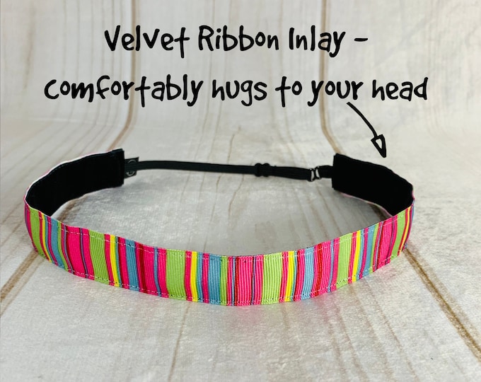 7/8" CANDY STRIPED Headband / Running Workout Headband / Adjustable Nonslip Headband / Button Headband Option by Busy Bee Headbands