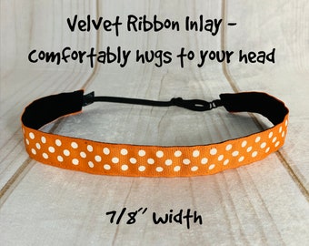 7/8" ORANGE POLKA DOT Headband / Adjustable Nonslip Headband / Button Headband Option by Busy Bee Headbands