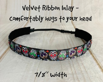 7/8" SUGAR SKULLS Headband / Workout Headband / Fitness Adjustable Nonslip Headband / Button Headband Option by Busy Bee Headbands