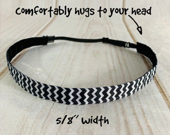 5/8" BLACK & WHITE CHEVRON Headband / Adjustable Nonslip Headband / Workout Headband / Button Headband Option by Busy Bee Headbands