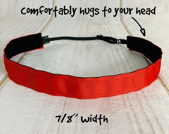 7/8" SOLID RED Headband / Workout Headband / Adjustable Nonslip Headband / Button Headband Option by Busy Bee Headbands