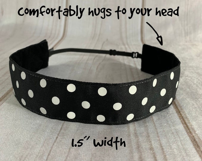 1.5" BLACK & WHITE Polka Dot Headband / Adjustable Nonslip Headband / Button Headband Option by Busy Bee Headbands