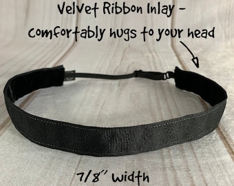 7/8" SOLID BLACK Headband / Plain Wide Workout Headband / Adjustable Nonslip Headband / Button Headband Option by Busy Bee