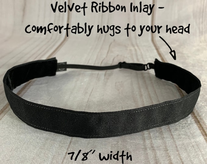 7/8" SOLID BLACK Headband / Plain Wide Workout Headband / Adjustable Nonslip Headband / Button Headband Option by Busy Bee