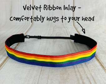 7/8" RAINBOW Headband / PRIDE Headband / LGBTQ Headband / Adjustable Nonslip Headband / Button Headband Option by Busy Bee Headbands