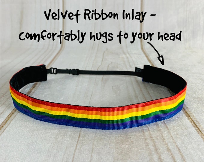 7/8" RAINBOW Headband / PRIDE Headband / LGBTQ Headband / Adjustable Nonslip Headband / Button Headband Option by Busy Bee Headbands