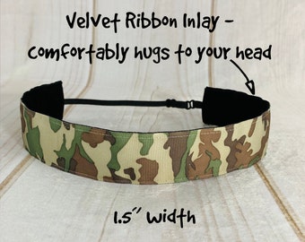 1.5" CAMO HEADBAND / Camouflage Headband / Army Headband / Adjustable Nonslip Headband / Button Headband Option by Busy Bee Headbands