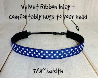 7/8" BLUE POLKA DOT Headband / Adjustable Nonslip Headband / Button Headband Option by Busy Bee Headbands
