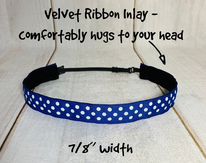 7/8" BLUE POLKA DOT Headband / Adjustable Nonslip Headband / Button Headband Option by Busy Bee Headbands
