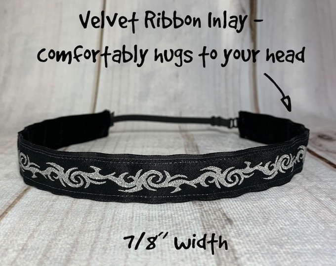 7/8" Black & Silver Tattoo Headband / Fitness Workout Running CrossFit Headband / Adjustable Nonslip Headband / Button Option