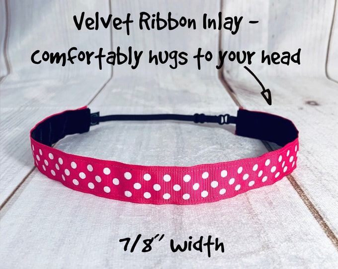 7/8" PINK POLKA DOT Headband / Adjustable Nonslip Headband / Button Headband Option by Busy Bee Headbands