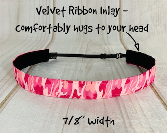 7/8" PINK CAMO Headband / Adjustable Camouflage Headband / Army Headband / Button Headband Option by Busy Bee Headbands