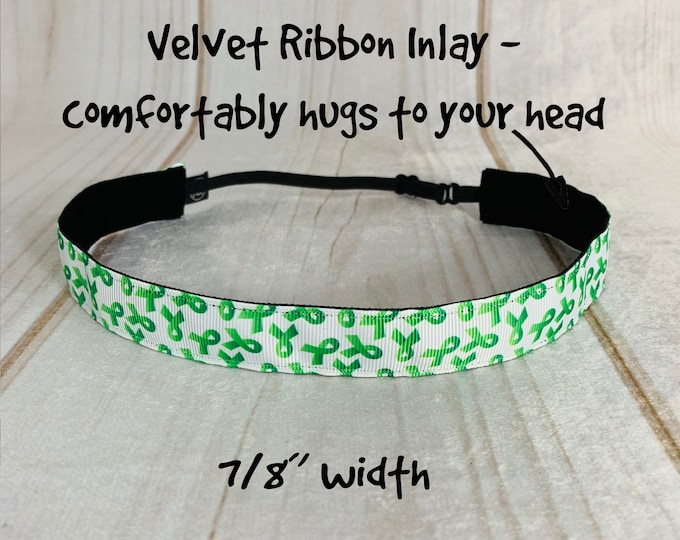 7/8" GREEN RIBBON Headband / Leukemia Kidney Cancer Awareness / Adjustable Nonslip Headband / Button Headband Option by Busy Bee Headbands