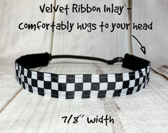 7/8" CHECKERED Headband / Formula 1 Car Racing CHECKED / Nonslip Adjustable with Side Button Option for Mask by Busy Bee Headbands