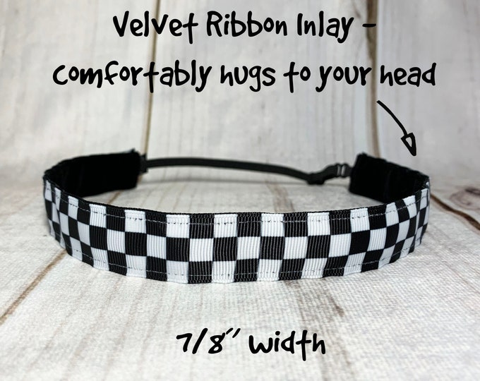 7/8" CHECKERED Headband / Formula 1 Car Racing CHECKED / Nonslip Adjustable with Side Button Option for Mask by Busy Bee Headbands