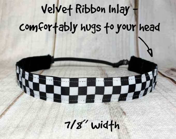 7/8" & 1.5" CHECKERED Headband / Formula 1 Car Racing CHECKED / Nonslip Adjustable with Side Button Option for Mask by Busy Bee Headbands