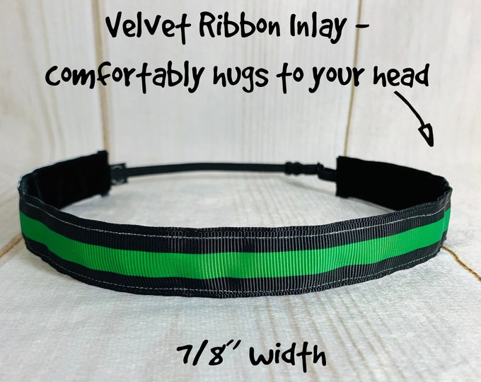 7/8" THIN GREEN LINE Headband / Sheriff Headband / Adjustable Nonslip Headband / Button Headband Option by Busy Bee Headbands