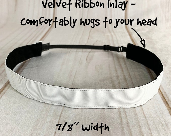7/8" SOLID WHITE Headband / Plain Headband / Adjustable Nonslip Headband / Button Headband Option by Busy Bee Headbands