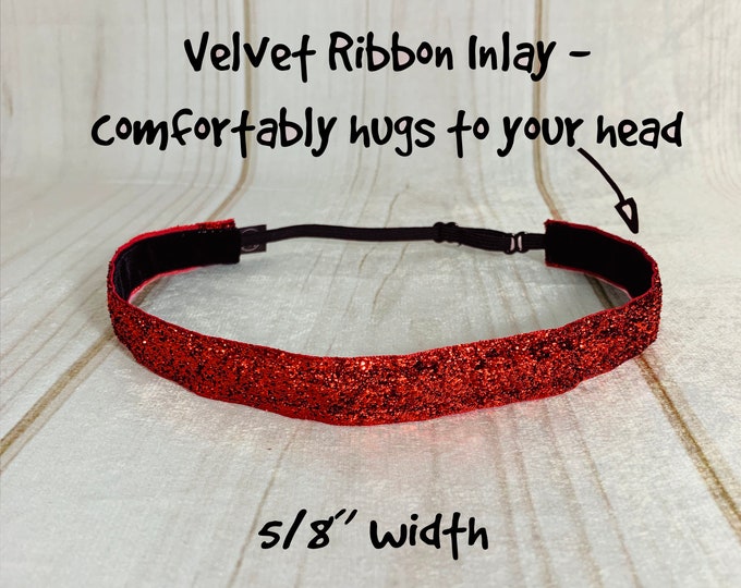 3/8" or 5/8" RED SPARKLE Headband / Glitter Headband / Adjustable Nonslip Headband / Button Headband Option by Busy Bee Headbands