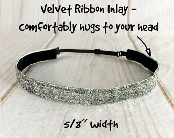 3/8" or 5/8" or 1" SILVER SPARKLE Headband / Running Headband / Workout Headband / Adjustable Nonslip Headband / Button Headband Option