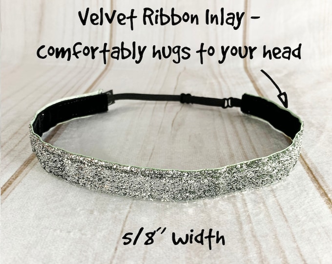 3/8" or 5/8" or 1" SILVER SPARKLE Headband / Running Headband / Workout Headband / Adjustable Nonslip Headband / Button Headband Option