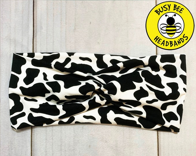 Faux Top Knot COW Headband, DALMATION Headband, Top Knot Headband, Twisted Headband, Turban Headband, Wide Headband, Nurse Button Headband