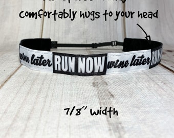 7/8" RUN Now WINE LATER Headband /  Running Runners Headband / Adjustable Nonslip Headband / Button Headband Option by Busy Bee Headbands